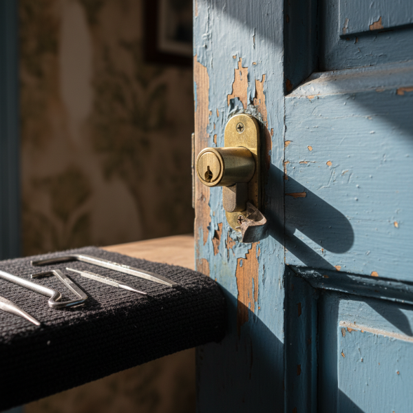 Gros plan sur un cylindre de serrure endommagé sur une porte, avec des outils de serrurier.